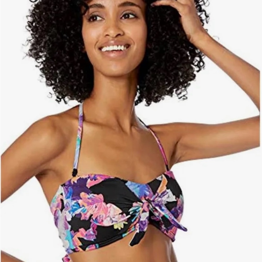 Bar III Tech Floral‎ Bandeau Bikini Top NWT size XS Black Tie Back Swimsuit